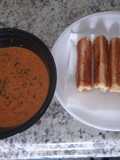Homemade tomato basil soup with grilled cheese roll ups