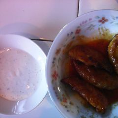 A picture of Low fat buffalo breast stip/ home made ranch dressing.
