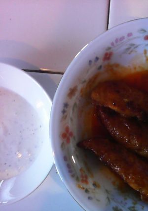 A picture of Low fat buffalo breast stip/ home made ranch dressing.