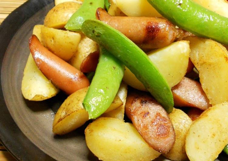 Stir Fried New Potatoes and Sugar Snap Peas Flavored with Soup Stock