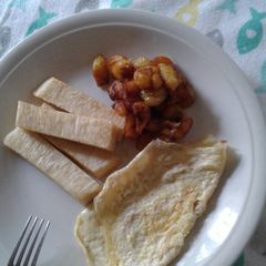 A picture of Yam fries,mashed plantain and Eggs.