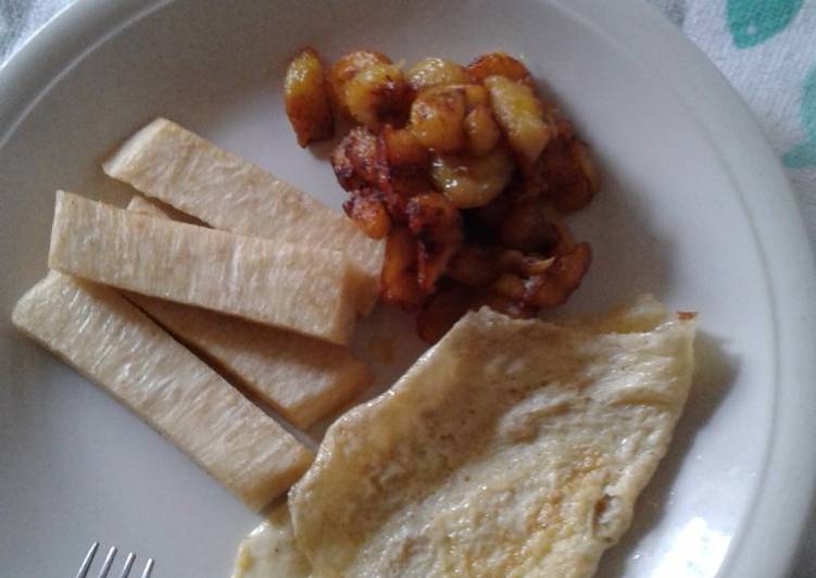 Yam fries,mashed plantain and Eggs