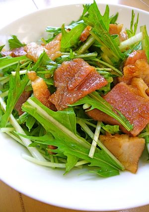 A picture of Easy with Yakiniku Sauce: Mizuna and Bacon Salad.