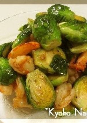 A picture of Stir-fried Brussels Sprouts and Prawns with Garlic.
