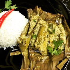 A picture of Ivy Gourd Paturi (Tindora / Tendli steam cooked in Banana Leaf).