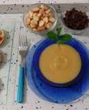 Crema de judías verdes con calabaza y mini pizzas de chorizo ibérico