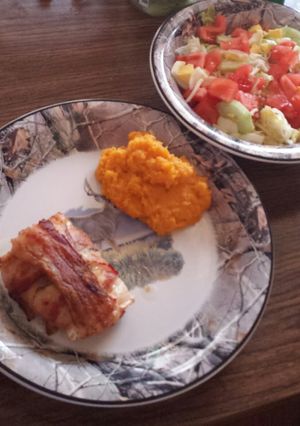 A picture of Bacon wrap stuff chicken.