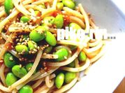 A picture of pasta with edamame