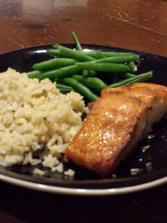 A picture of Maple Salmon with Mushroom rice.