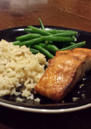 A picture of Maple Salmon with Mushroom rice.