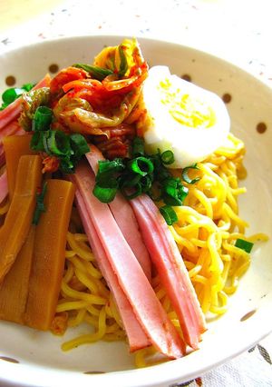 A picture of Spicy Oil Ramen (Soupless Ramen) with Kimchi.
