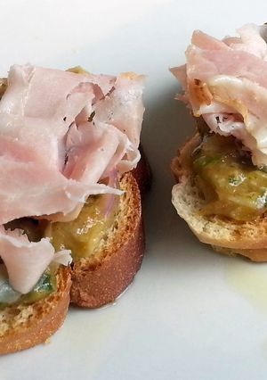 A picture of Ham On Baquette With Sambal Tomat /Indonesia Fusion.