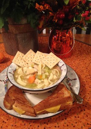 A picture of Chicken Noodle Soup With Grilled Cheese Jazzy Style.