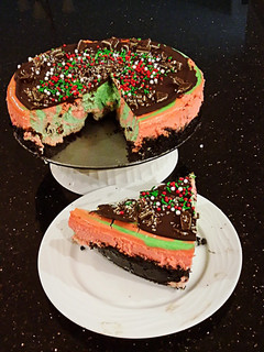 A picture of Peppermint / Vanilla Layered Creamy Cheesecake.