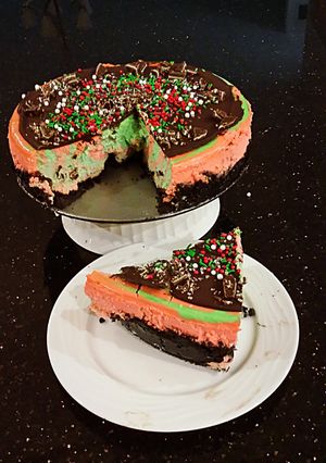 A picture of Peppermint / Vanilla Layered Creamy Cheesecake.