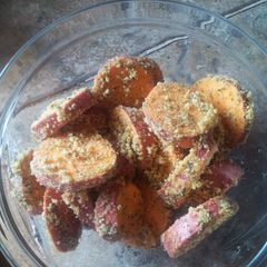 Garlic encrusted roast sweet potatoes A picture of Garlic encrusted roast sweet potatoes.