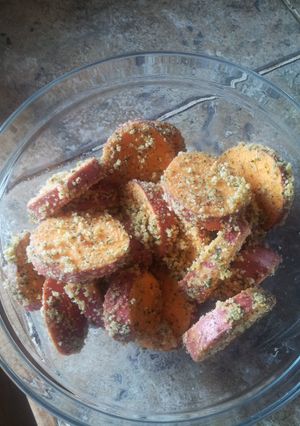 A picture of Garlic encrusted roast sweet potatoes.