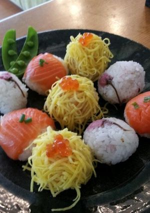 A picture of Temari Sushi for a Cherry Blossom Party or Hina-matsuri Girls' Day.