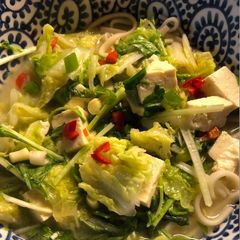 A picture of Tofu, miso and noodle soup - vegan.