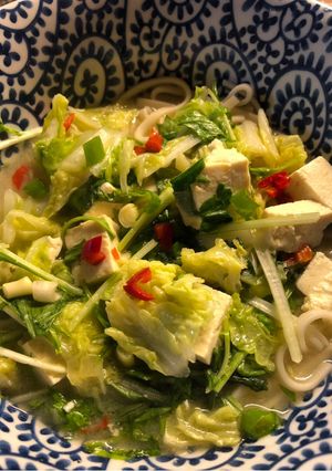 A picture of Tofu, miso and noodle soup - vegan.