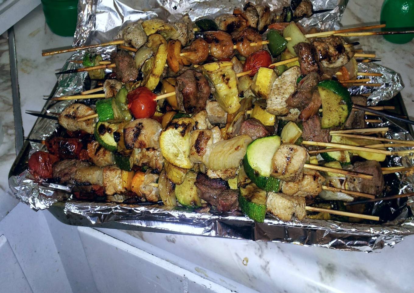 Shrimp kabobs, Chicken kabobs, and Steak kabobs!!!!!