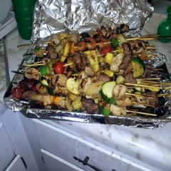 A picture of Shrimp kabobs, Chicken kabobs, and Steak kabobs!!!!!.