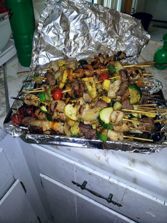 A picture of Shrimp kabobs, Chicken kabobs, and Steak kabobs!!!!!.