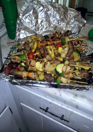 A picture of Shrimp kabobs, Chicken kabobs, and Steak kabobs!!!!!.