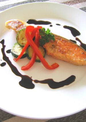A picture of Salmon Meunière with Balsamic Sauce.