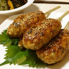 A picture of Izakaya Style At Home! Bamboo Shoot and Shiso Leaf Tsukune Patty Skewers.
