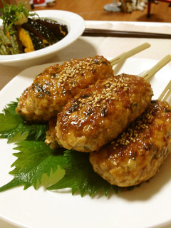 A picture of Izakaya Style At Home! Bamboo Shoot and Shiso Leaf Tsukune Patty Skewers.