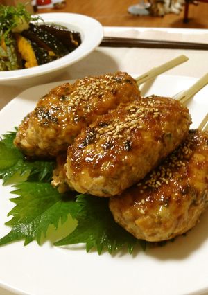 A picture of Izakaya Style At Home! Bamboo Shoot and Shiso Leaf Tsukune Patty Skewers.