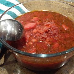 A picture of Ukrainian Borscht (Beet Soup).