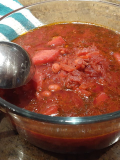 A picture of Ukrainian Borscht (Beet Soup).