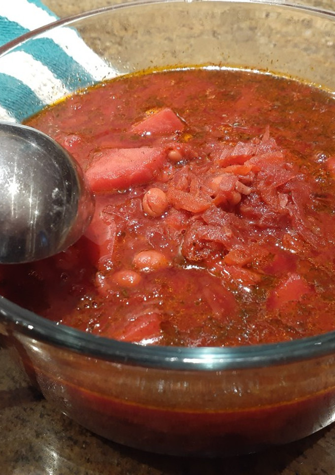 A picture of Ukrainian Borscht (Beet Soup).