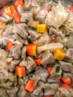 A picture of Carrots Clavaria Mushrooms and Fish Balls Soup.