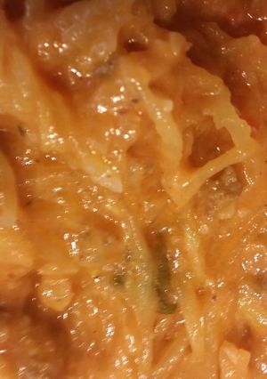 A picture of Tomato Cream with Meat over Spaghetti Squash.