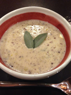 A picture of Purple Potato Sage & Leek Soup.