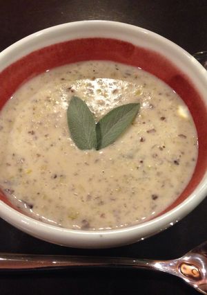 A picture of Purple Potato Sage & Leek Soup.