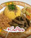 Carne guisada, arroz amarillo, pork & beans y ensalada