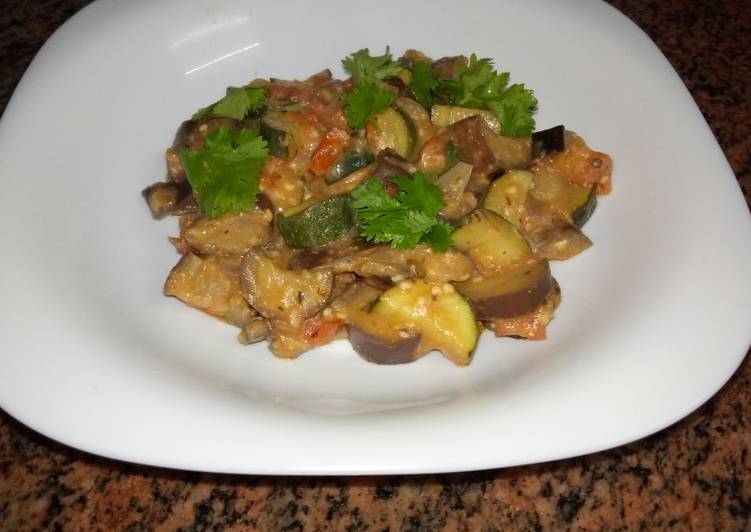 Recipe of Favorite Eggplants and zucchini curry# coconut contenst