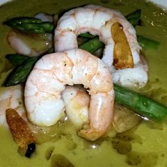A picture of Sig's Garlic and Asparagus Soup with Chilli Prawn garnish.