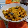 Curry de bacalao con verduras, garbanzos y cous-cous