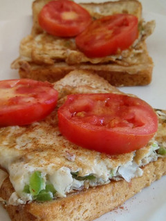 A picture of Open French Toast Egg and Tomato Sandwich.