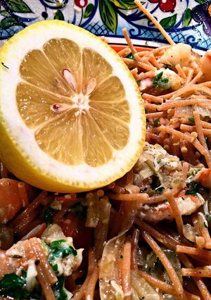 A picture of Lemon Shrimp with Roasted Garlic and Fennel Pasta.