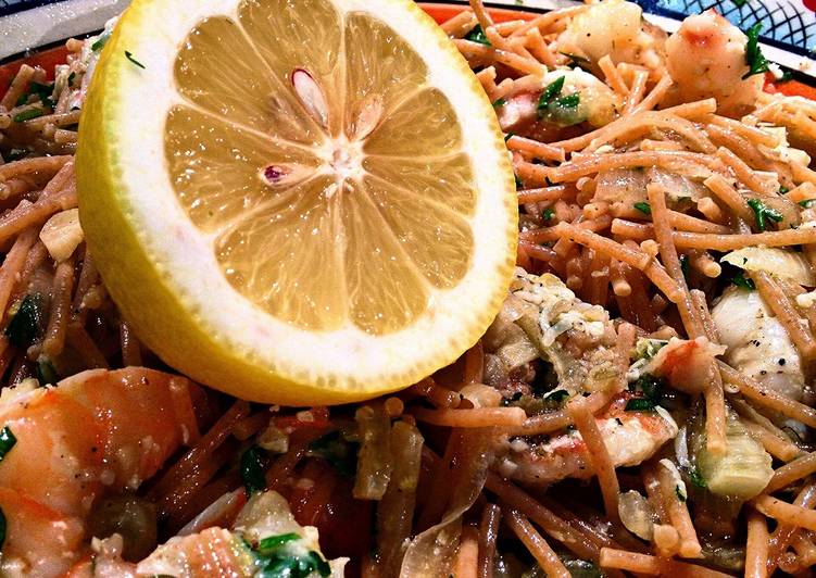 Steps to Make Homemade Lemon Shrimp with Roasted Garlic and Fennel Pasta