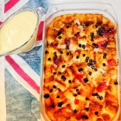 Leftover bread pudding with creamy custard sauce A picture of Leftover bread pudding with creamy custard sauce.