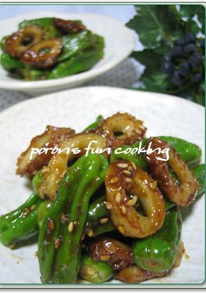 A picture of Shishito Peppers and Chikuwa Fish Sticks Stir Fried in Spicy Sweet Miso.