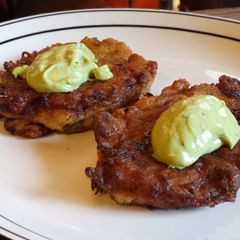 A picture of Razor Clam and Zucchini Fritters with my Avocado Sauce.