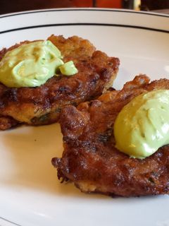 A picture of Razor Clam and Zucchini Fritters with my Avocado Sauce.